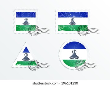 Stamps with the image of the flag. Stamp with flag. Triangular stamp, stamp rectangular, round stamp, square stamp. Mark in grungy style. Battered mark. Old label. Flag of Lesotho