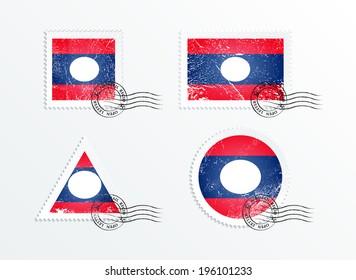 Stamps with the image of the flag. Stamp with flag. Triangular stamp, stamp rectangular, round stamp, square stamp. Mark in grungy style. Battered mark. Old label. Flag of Laos
