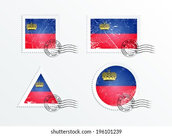Stamps with the image of the flag. Stamp with flag. Triangular stamp, stamp rectangular, round stamp, square stamp. Mark in grungy style. Battered mark. Old label. Flag of Liechtenstein