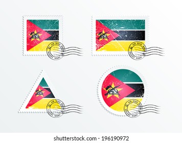 Stamps with the image of the flag. Stamp with flag. Triangular stamp, stamp rectangular, round stamp, square stamp. Mark in grungy style. Battered mark. Old label. flag of Mozambique