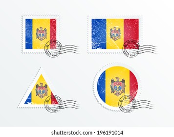 Stamps with the image of the flag. Stamp with flag. Triangular stamp, stamp rectangular, round stamp, square stamp. Mark in grungy style. Battered mark. Old label. The flag of Moldova
