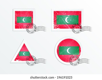 Stamps with the image of the flag. Stamp with flag. Triangular stamp, stamp rectangular, round stamp, square stamp. Mark in grungy style. Battered mark. Old label. Flag of the Maldives