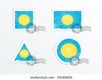 Stamps with the image of the flag. Stamp with flag. Triangular stamp, stamp rectangular, round stamp, square stamp. Mark in grungy style. Battered mark. Old label. Flag of Palau