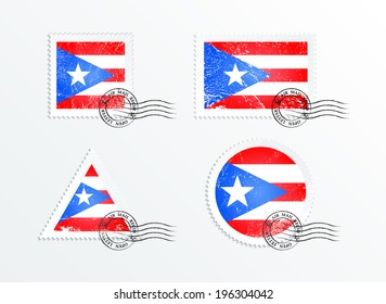 Stamps with the image of the flag. Stamp with flag. Triangular stamp, stamp rectangular, round stamp, square stamp. Mark in grungy style. Battered mark. Old label. Flag of Puerto Rico