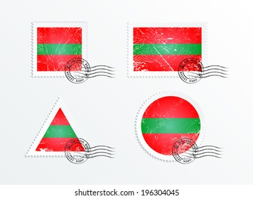 Stamps with the image of the flag. Stamp with flag. Triangular stamp, stamp rectangular, round stamp, square stamp. Mark in grungy style. Battered mark. Old label. Flag of Transnistria