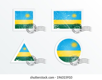 Stamps with the image of the flag. Stamp with flag. Triangular stamp, stamp rectangular, round stamp, square stamp. Mark in grungy style. Battered mark. Old label. Flag of Rwanda