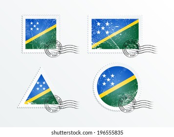 Stamps with the image of the flag. Stamp with flag. Triangular stamp, stamp rectangular, round stamp, square stamp. Mark in grungy style. Battered mark. Old label. Flag of Solomon Islands