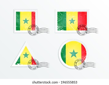 Stamps with the image of the flag. Stamp with flag. Triangular stamp, stamp rectangular, round stamp, square stamp. Mark in grungy style. Battered mark. Old label. Flag of Senegal