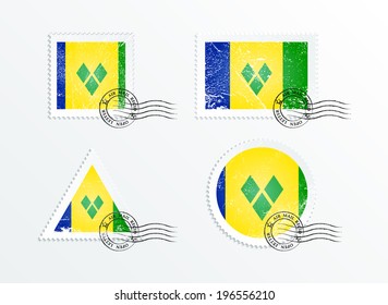 Stamps with the image of the flag. Stamp with flag. Triangular stamp, stamp rectangular, round stamp, square stamp. Mark in grungy style. Battered mark. Flag of Saint Vincent and the Grenadines