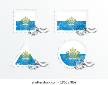 Stamps with the image of the flag. Stamp with flag. Triangular stamp, stamp rectangular, round stamp, square stamp. Mark in grungy style. Battered mark. Old label. Flag of San Marino