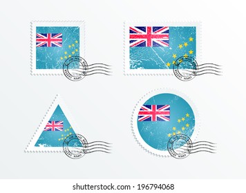 Stamps with the image of the flag. Stamp with flag. Triangular stamp, stamp rectangular, round stamp, square stamp. Mark in grungy style. Battered mark. Old label. Flag of Tuvalu