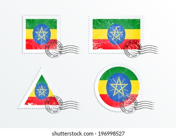 Stamps with the image of the flag. Stamp with flag. Triangular stamp, stamp rectangular, round stamp, square stamp. Mark in grungy style. Battered mark. Old label. Flag of Ethiopia