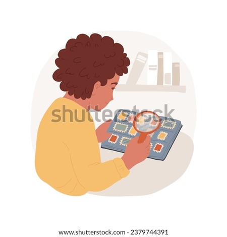 Stamps isolated cartoon vector illustration. Boy collecting rare post stamps from different countries, holding collection album, learn with magnifying glass, philately book vector cartoon.