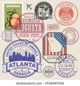 Stamps Or Labels Set With The Name And Map Of Georgia State, United States, Vector Illustration