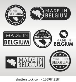 Stamps of Made in Belgium Set. Belgian Product Emblem Design. Export Vector Map.