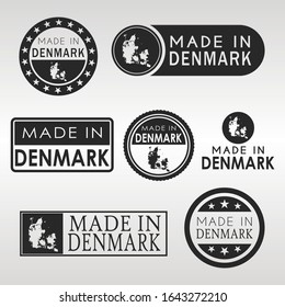 Stamps of Made in Denmark Set. Danish Product Emblem Design. Export Vector Map.