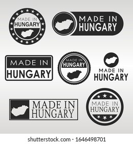 Stamps of Made in Hungary Set. Hungarian Product Emblem Design. Export Vector Map.
