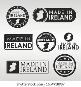 Stamps of Made in Ireland Set. Irish Product Emblem Design. Export Vector Map.