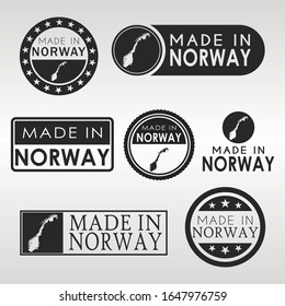Stamps of Made in Norway Set. Norwegian Product Emblem Design. Export Vector Map.