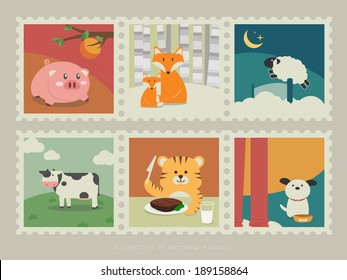 Stamps of mammal animals-3. Stamps of mammal animals. Pig looking at an orange, foxes in the snow ground, Counting sheep, Cow standing on the grassland, Tiger eating steak, dog waiting for it's meal. 
