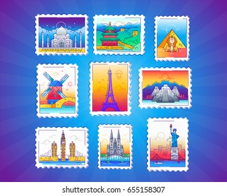 Stamps - modern vector line travel illustration of collection. See landmarks - Eiffel tower, Taj Mahal, Great Wall, Sphinx, Big Ben, Cologne Cathedral, statue of Liberty.