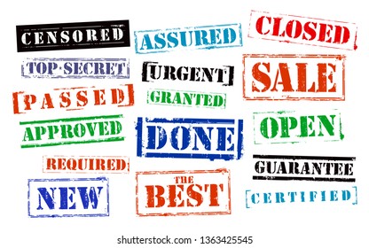 Stamps multi set: urgent, secret, required, assured, granted, passed, done, sale, new, best, closed, certified, open, censored and guarantee, vector illustration