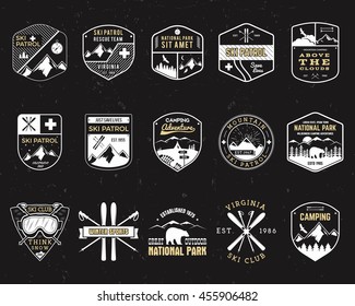 Stamps for outdoors camp. Different tourism hipster style patch and badges. Expedition emblem. Winter or summer ski patrol graphic. Snowboarding insignia. First aid mountain rescue logo for web, print