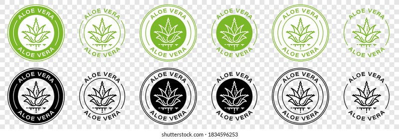 Stamps for packaging of cosmetic products. The label is aloe vera extract. Plant icon with flowing ingredient line. Vector set.