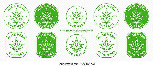 Stamps for packaging of cosmetic products. The label is aloe vera extract. Plant icon with flowing ingredient line. Vector set.