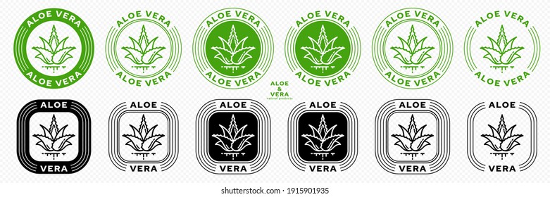 Stamps for packaging of cosmetic products. The label is aloe vera extract. Plant icon with flowing ingredient line. Vector set.