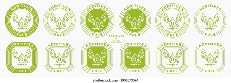 Сonceptual stamps for packaging products. Labeling - no additives. Stamp with the symbol of the exempt, free. A blob with wings and a symbol of a flowing ingredient. Vector grouped elements.	
