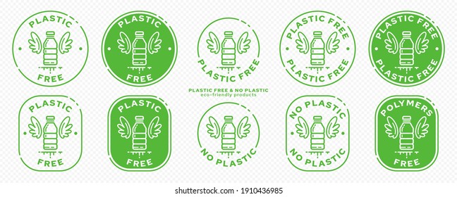 Сonceptual stamps for packaging products. Marking - no plastic. Stamp with a flat icon of a plastic bottle with wings - a symbol of liberated, free. Absorbable, degradable products. Vector