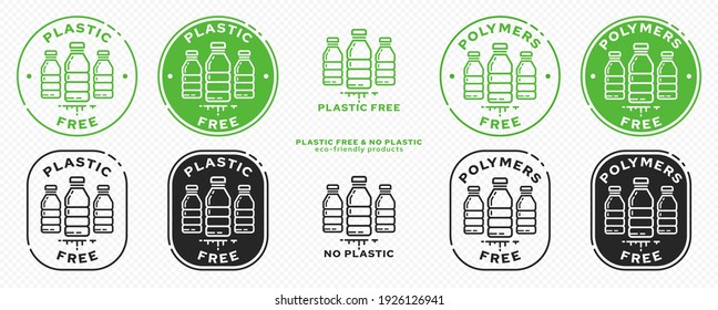 Сonceptual stamps for packaging products. Marking - no plastic. Stamp with a flat icon of a plastic bottles - a symbol of liberated, free. Absorbable, degradable products. Vector