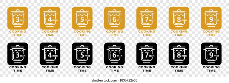 Stamps for product packaging. Recommended cooking time for pasta. Flat icon of pan and boil cooking. Vector set.