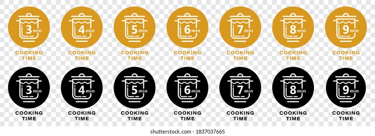 Stamps for product packaging. Recommended cooking time for pasta. Flat icon of pan and boil cooking. Vector set.