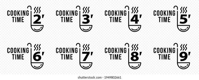 Stamps for product packaging. Recommended cooking times for pasta and other food products. Ladies flat icon with time indicator. Vector set.