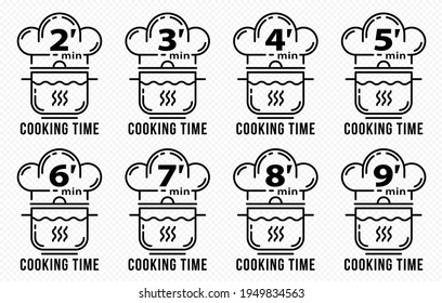 Stamps for product packaging. Recommended cooking times for pasta and other food products. Flat icon of chef caps and pans with time indicator. Vector set.