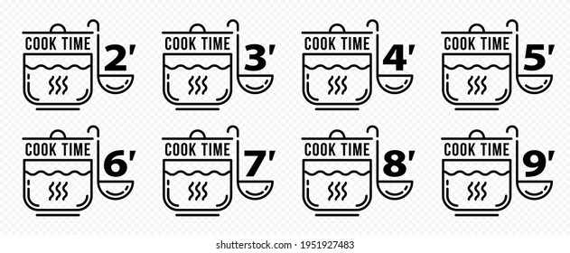 Stamps for product packaging. Recommended cooking times for pasta and other food products. Flat icon of chef pans and scoop with time indicator. Vector set.