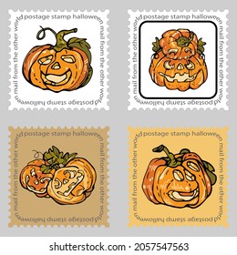Stamps. Pumpkin for Halloween. Graphic drawing of Jack's lantern. Orange pumpkin with cutouts for eyes and mouth. Holiday, surprise, congratulations. Printing on fabric and paper.