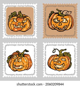 Stamps. Pumpkin for Halloween. Graphic drawing of Jack's lantern. Orange pumpkin with cutouts for eyes and mouth. Holiday, surprise, congratulations. Printing on fabric and paper.