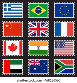 Stamps representing world flags, isolated on black background, vector illustration.