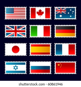 Stamps representing world flags.  USA, Canada, Australia, UK, Italy, Germany, Japan, Russia, France, Israel, China