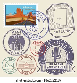 Stamps set with name of Arizona, The Grand Canyon State, vector illustration