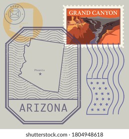 Stamps set with the name and map of Arizona, United States, vector illustration