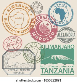 Stamps set with the names and maps of Africa countries, inside the stamp, vector illustration