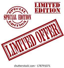 Stamps set with text special edition and limited offer on white, vector illustration
