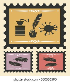 Stamps set with vintage objects. Vector illustration.