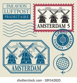 Stamps set with word Amsterdam inside, vector illustration