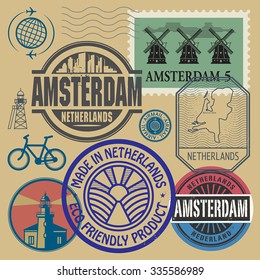 Stamps set with words Netherlands, Amsterdam inside, vector illustration