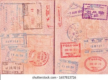 Stamps and visas in a foreign passport